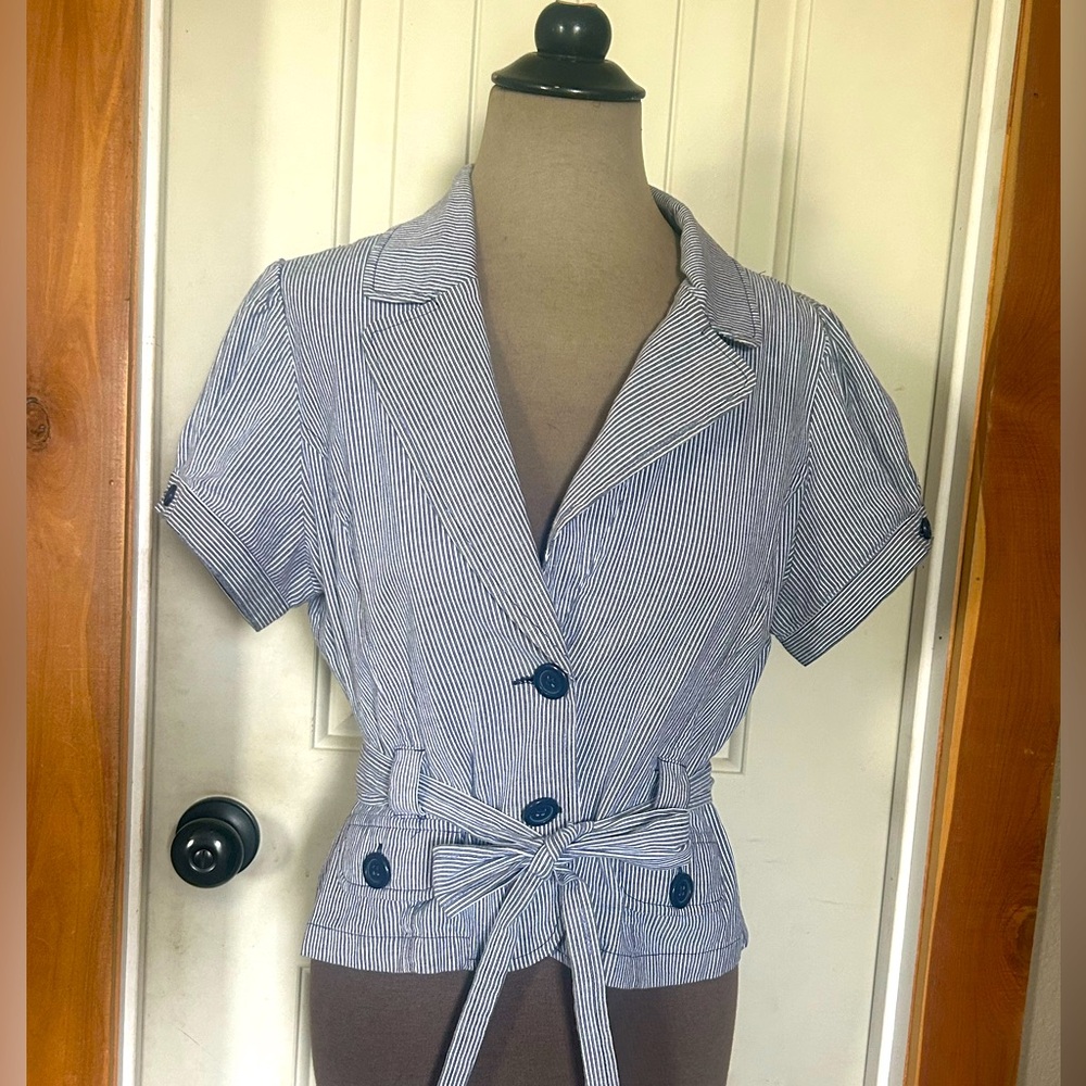 Blue and White Button Down Blouse with Tie Front